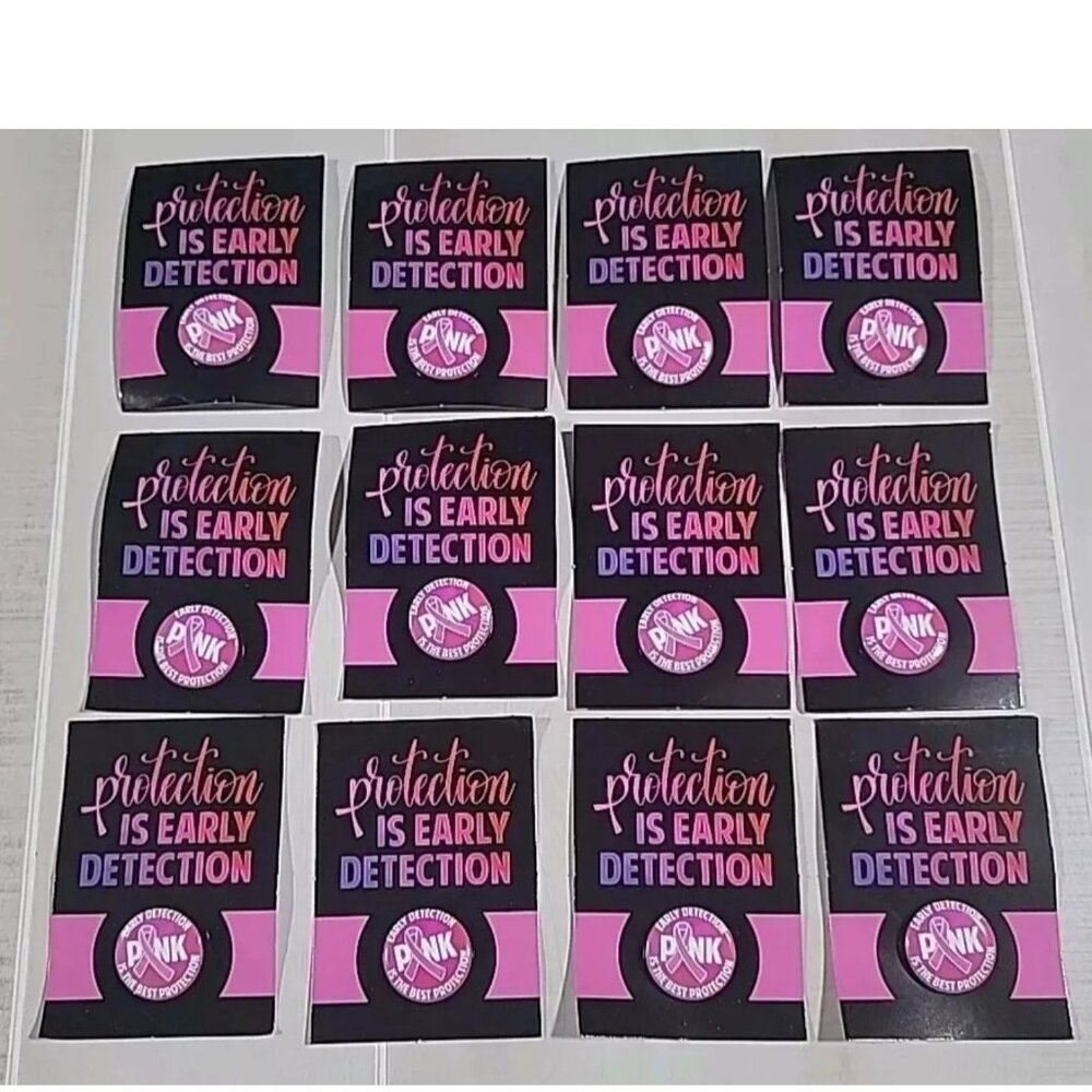 12 Pink Ribbon Early Detection Breast Cancer Awareness Mini Buttons on Card